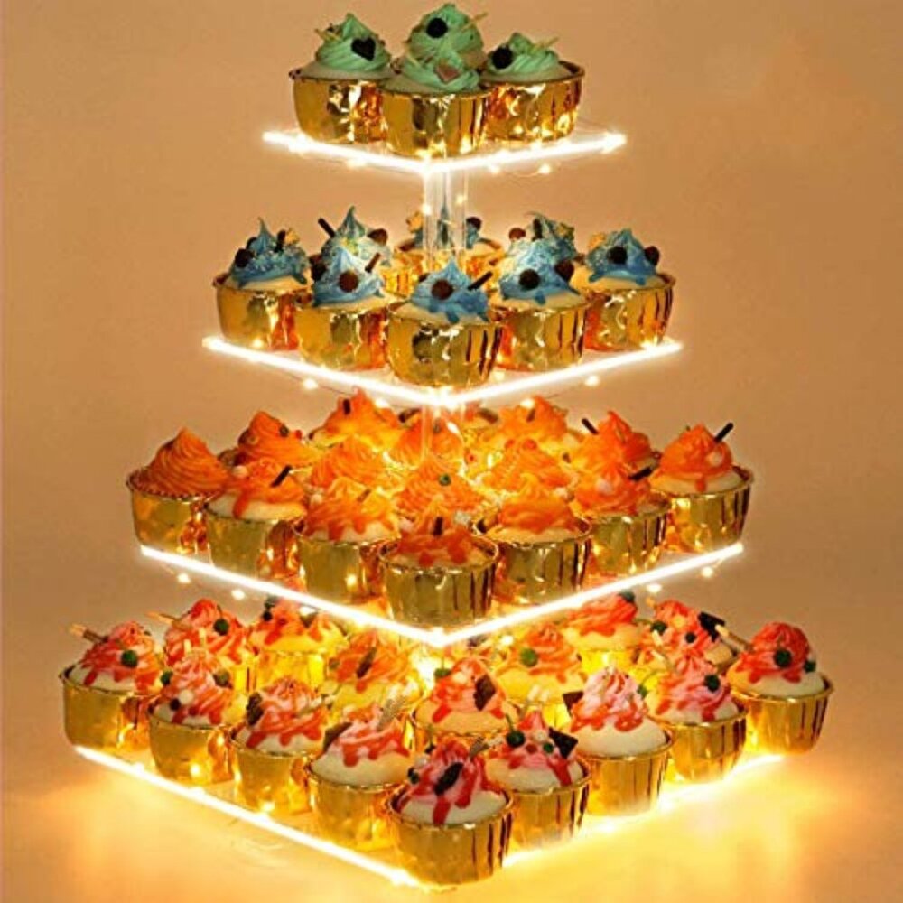 4 Tier Cupcake Stand Acrylic Tower Display with LED‎ Light Premium Holder